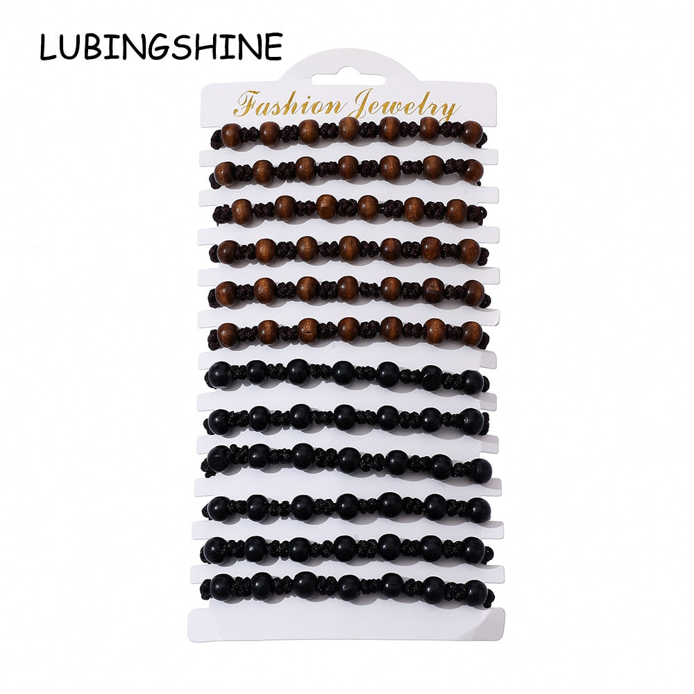 New 12pc/lot Tiger Eye Natural Stone Charms Braided Bracelet Set for Women Men Adjustable Black Rope Chain Wristband Jewelry
