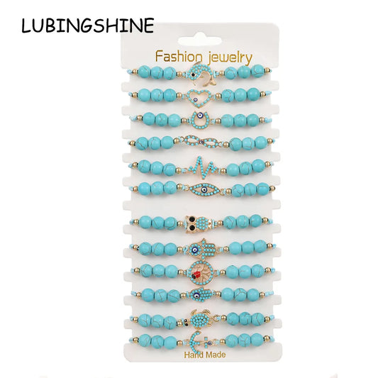 12pcs Tree of Life Fatima Hand Beads Bracelets Turquoises Adjustable Cotton Rope Chain Animal Charm Bracelet for Women Jewelry