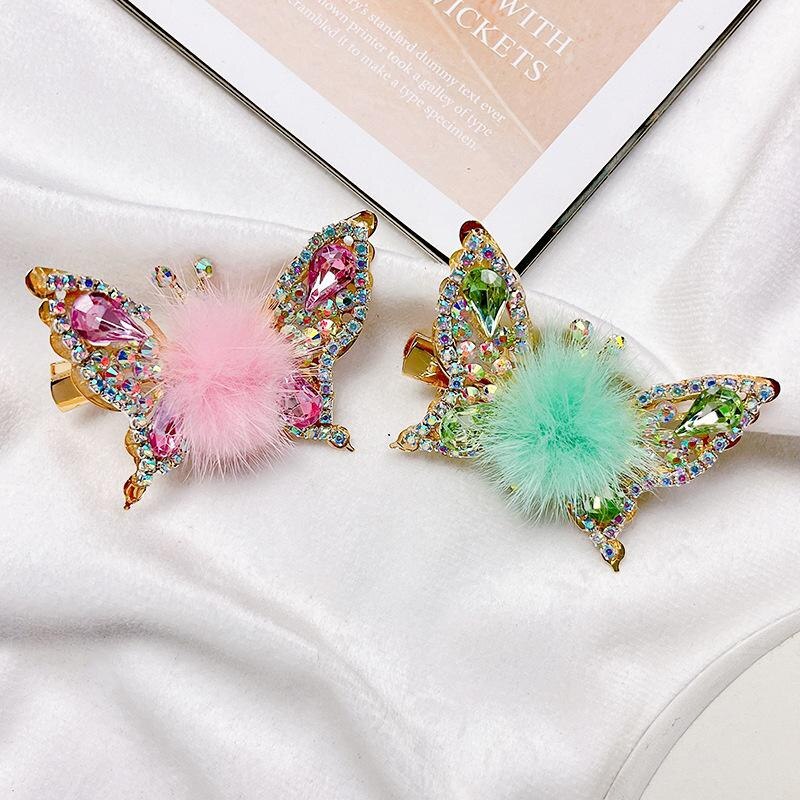 Fashion 3D Butterfly Faux Fur Hair Clips Flying Shiny Rhinestone Hairpin Barrettes for Women GirlsPonytail Holder Hairpins
