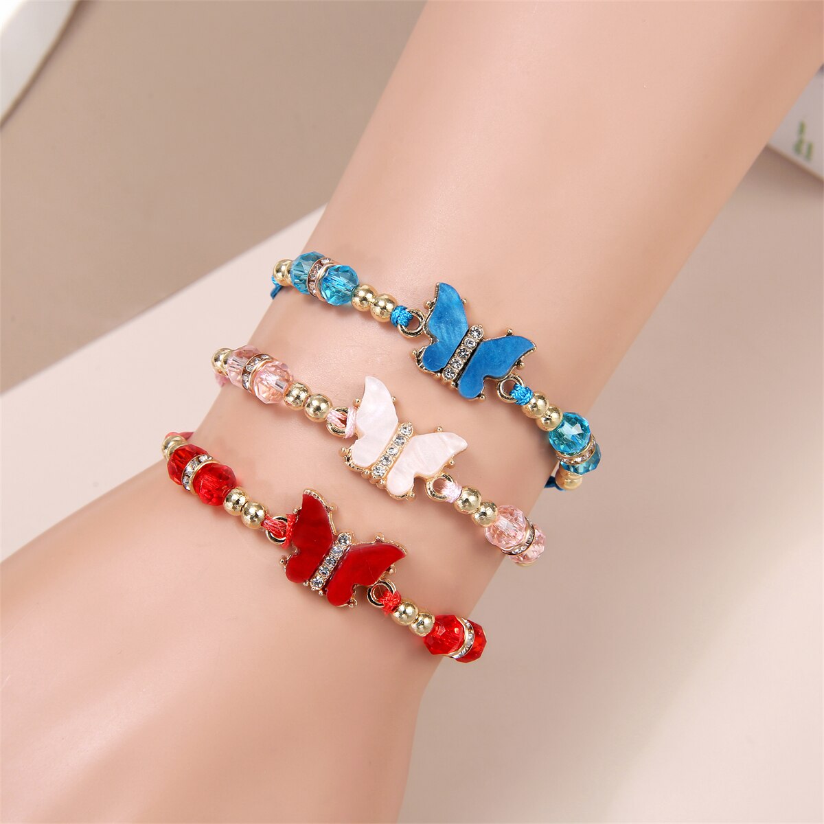Bohemia Butterfly Crystal Woven Bracelet Set Colorful Rhinestone Adjustable Rope Ankle Bracelets for Women Jewelry