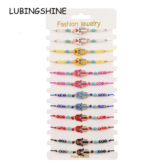 12pcs Colorful Crystal Beads Bracelet Women Braided Adjustable Rope Chain Fatima Hand Summer Anklet Jewelry Foot Leg Chain