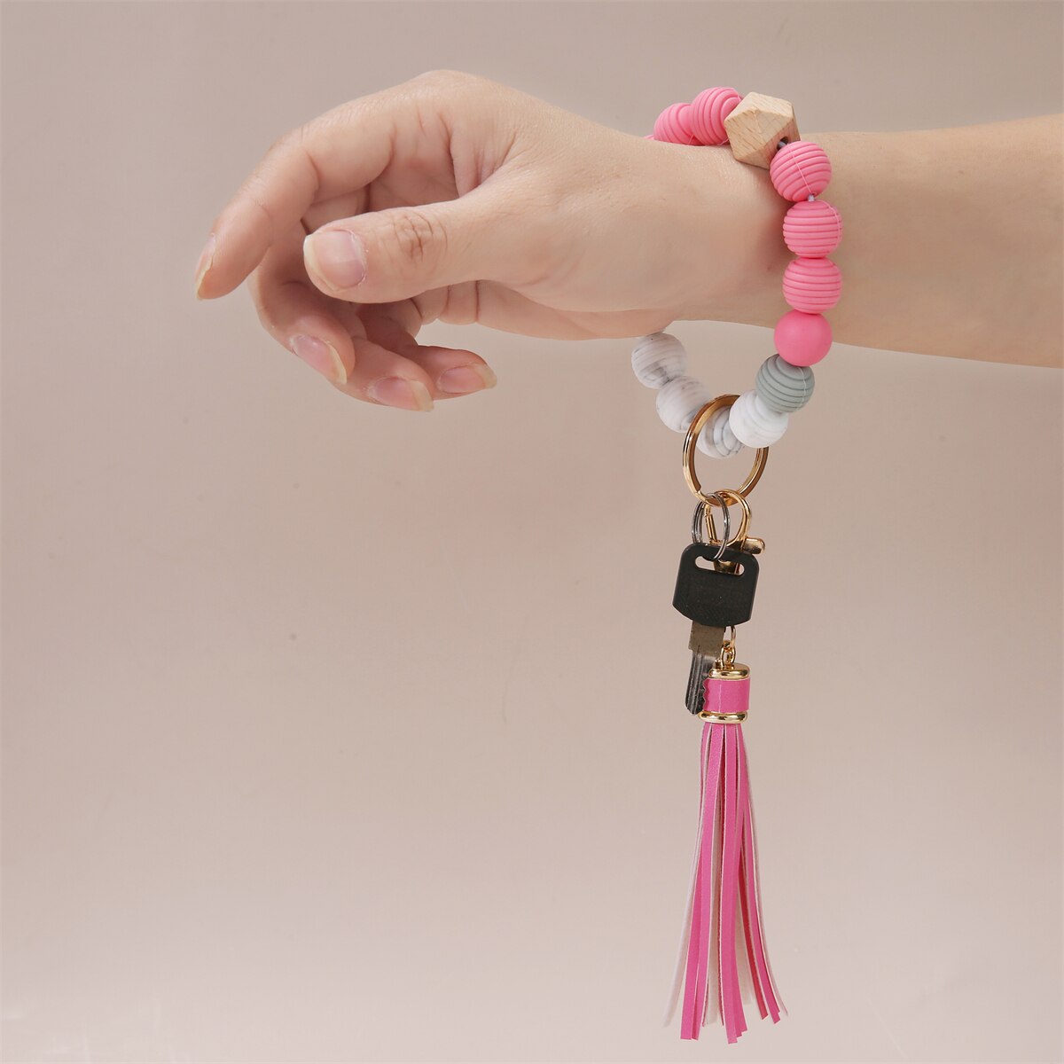 Silicone Key Ring Bracelet Wristlet Keychain Unique Beaded Bangle Key Chains for Women with Leather Tassel