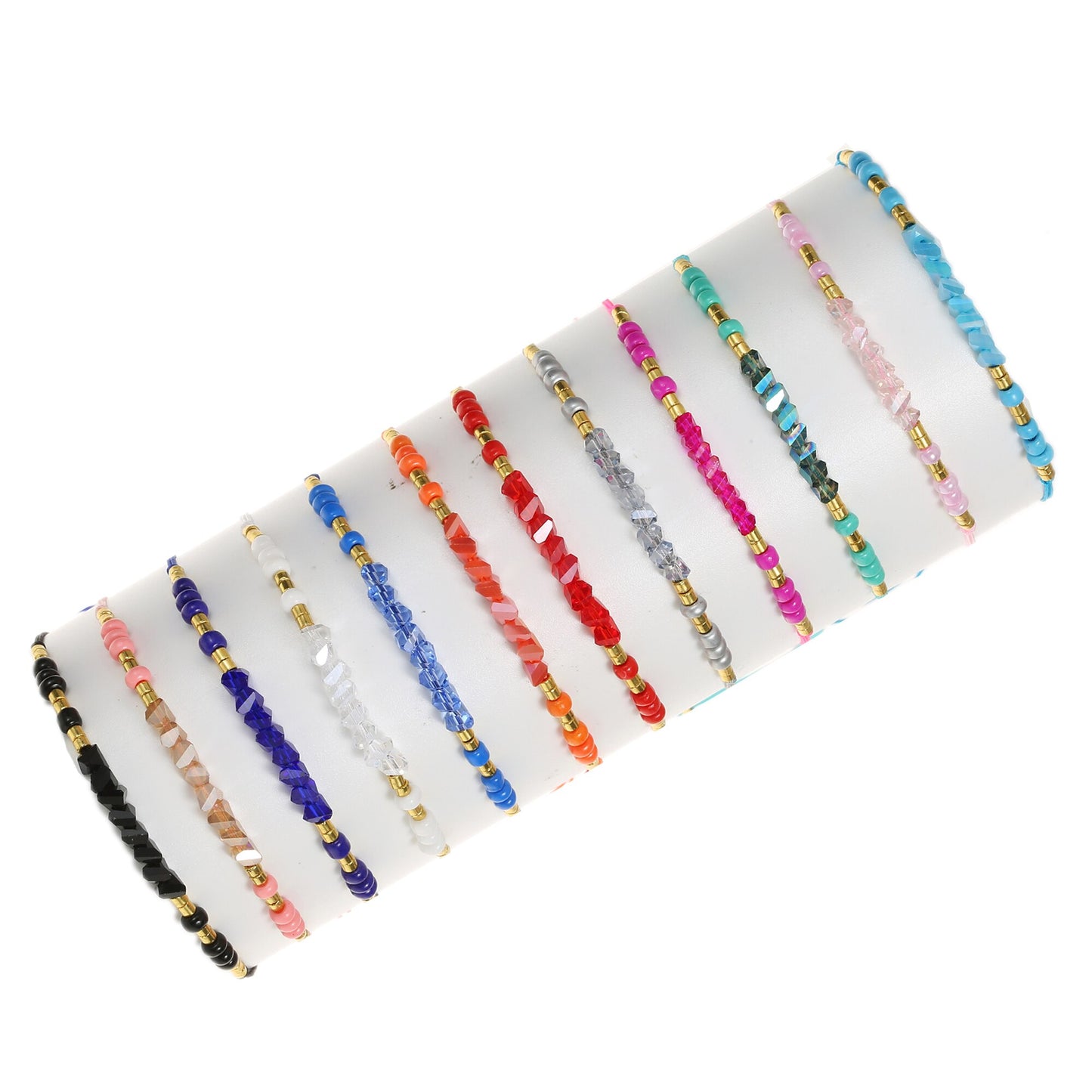 12Pcs Seeds Beads Faceted Crystal Braceles Anklets Adjustable Hand Braided Wax Rope Chain Wristband Cuff Jewelry