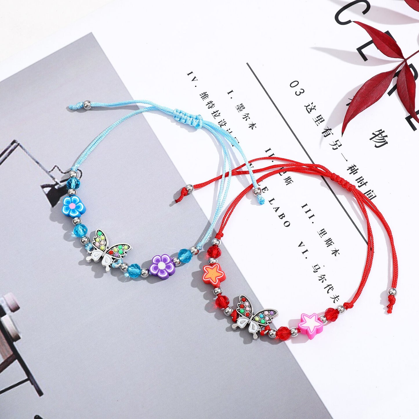 12pcs/lot Women Butterfly Flower Pendant Crystal Bead Charms Bracelets Set Child Braided Adjustable Rope Chain Anklet Jewelry