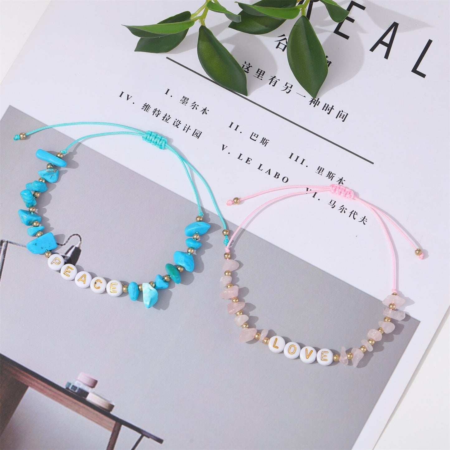 12Pcs Natural Gemstone Bracelets Chakra Crystal Healing Irregular Chips Beads Stretch Bracelets for Women Summer Alphabet Anklet