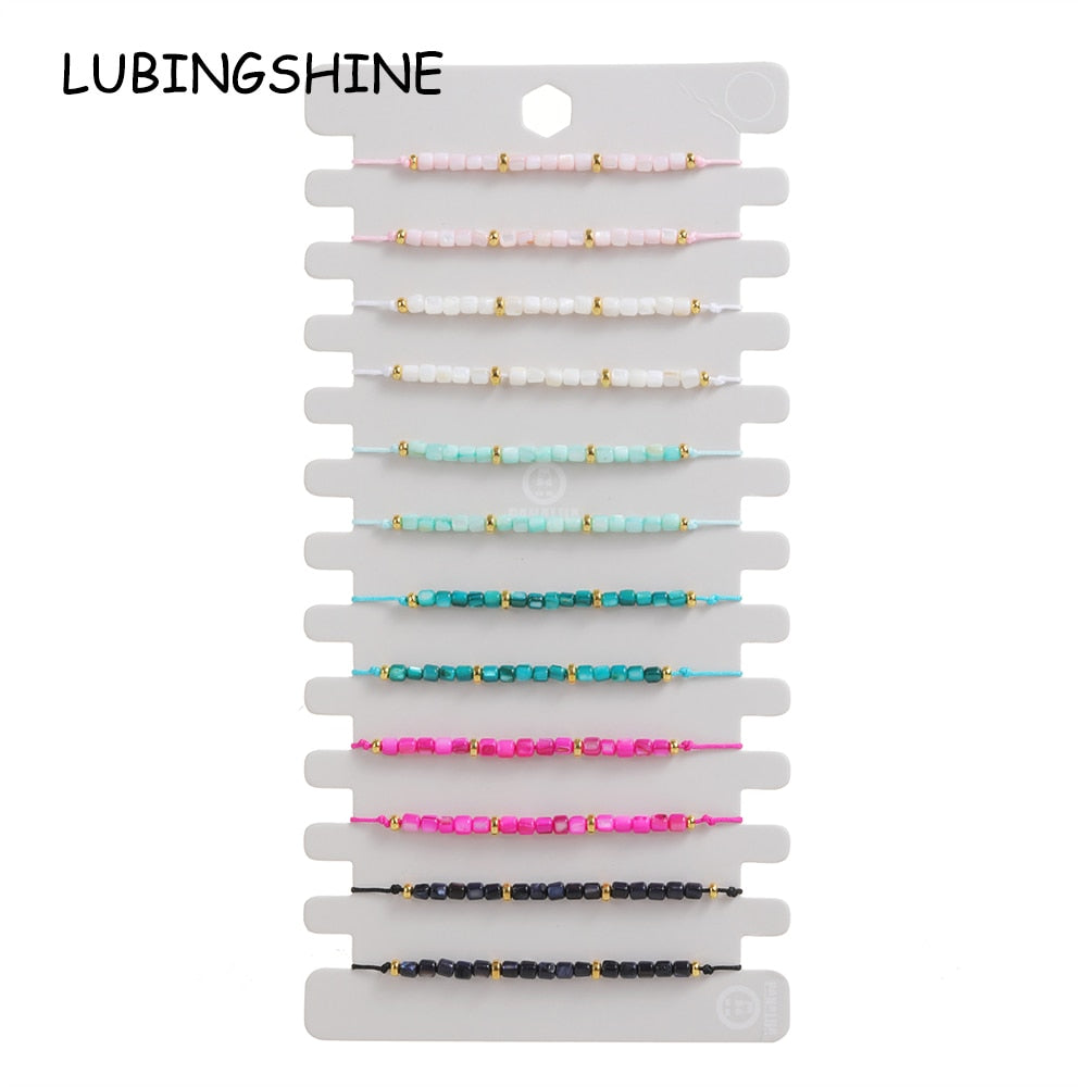 12pcs Cylindrical Shell Beaded Braided Bracelet Set for Women Crystal Bead Chain Anklet Jewelry Gifts Wholesale