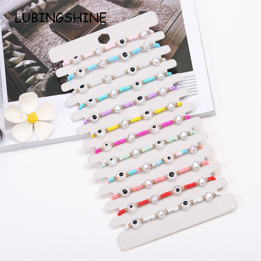 12pcs Evil Eye Pearl Charms Braided Bracelets for Women Child Seed Beads Adjustable Rope Chain Anklets Beach Handmade Jewelry