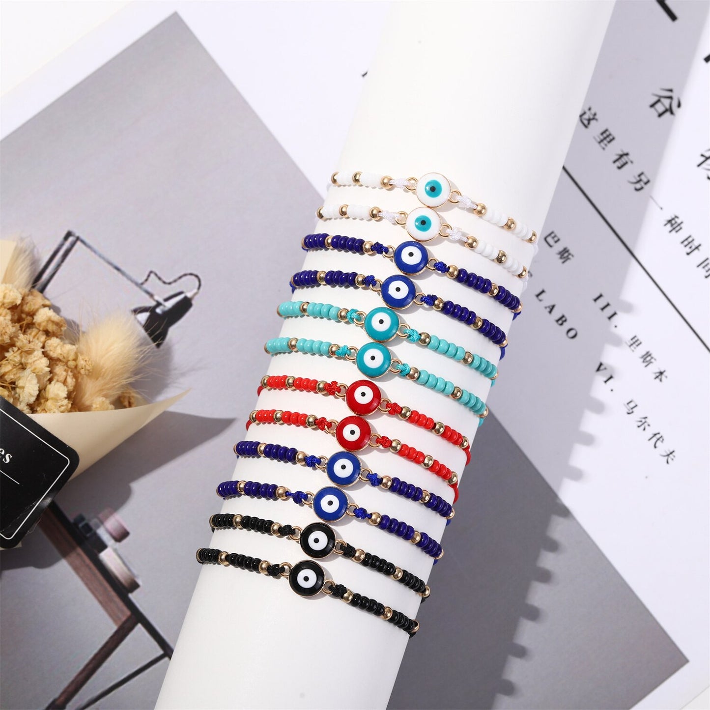 12pcs/lot Metal Dripping Oil Evil Eye Beads Charms Bracelet for Women Adjustable Woven Crystal Chain Summer Anklet Jewelry