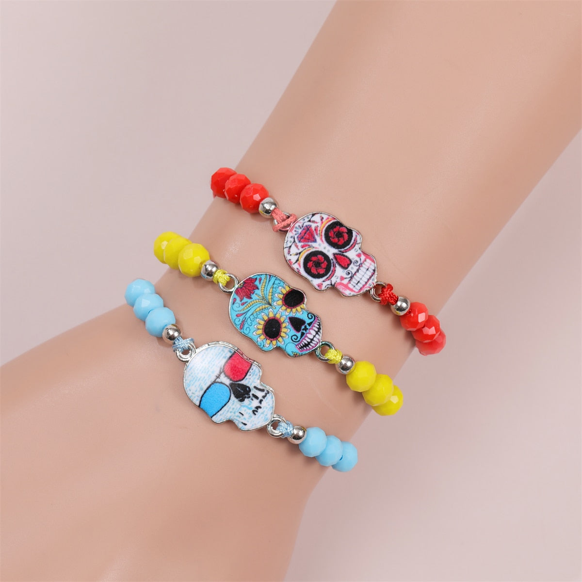 Enamel Skull Charms Elastic Bracelet for Women Adjustable Braided Rope Chain Rubber Band Wristband Jewelry Gift