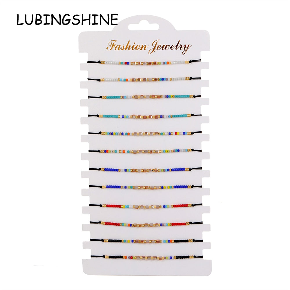 12pcs/lot Boho Woman Handmade Bohemia Weave Adjustable Crystal Seed Beads Rope Chain Charms Bracelets Fashion Jewelry
