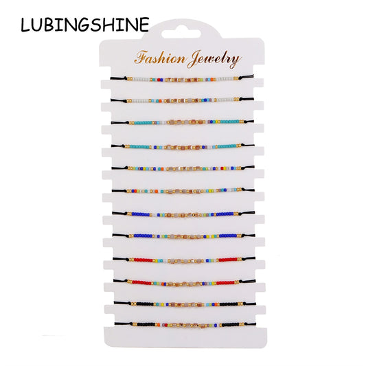 12pcs/lot Boho Woman Handmade Bohemia Weave Adjustable Crystal Seed Beads Rope Chain Charms Bracelets Fashion Jewelry