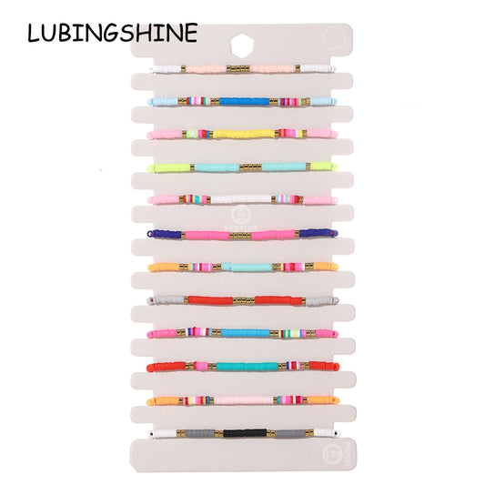 12Pcs/lot Coloful Smoky Clay Pieces Stackable Bracelets for Women Summer Vacation Surf Ankles Bracelets Wholesale Jewelry