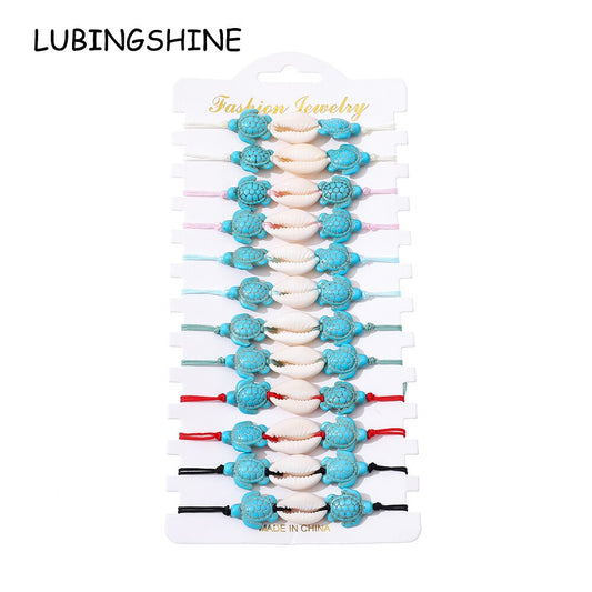 12pcs/lot Turquoise Sea Turtle Shell Pendant Charms Bracelet for Women Child Adjustable Rope Chain Natural Stone Anklet Jewelry