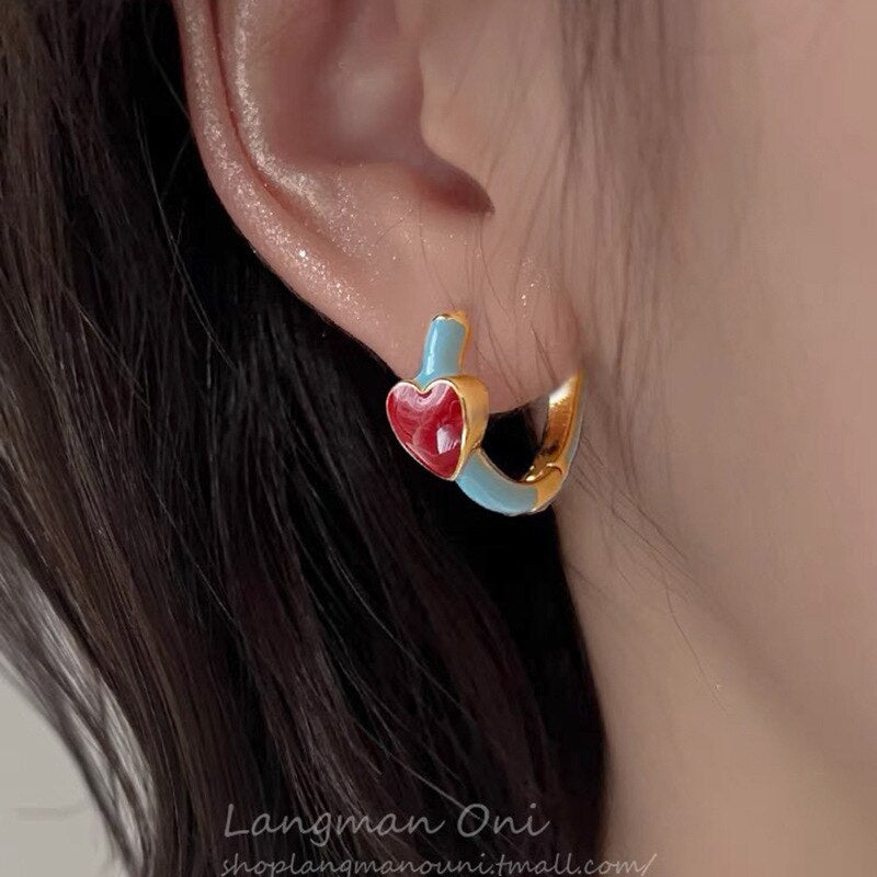 Trendy Colorful Drip Enamel Heart Hoop Earrings for Women Minimalist Symmetry Jewelry Engagement Studs Earrings 2023 New