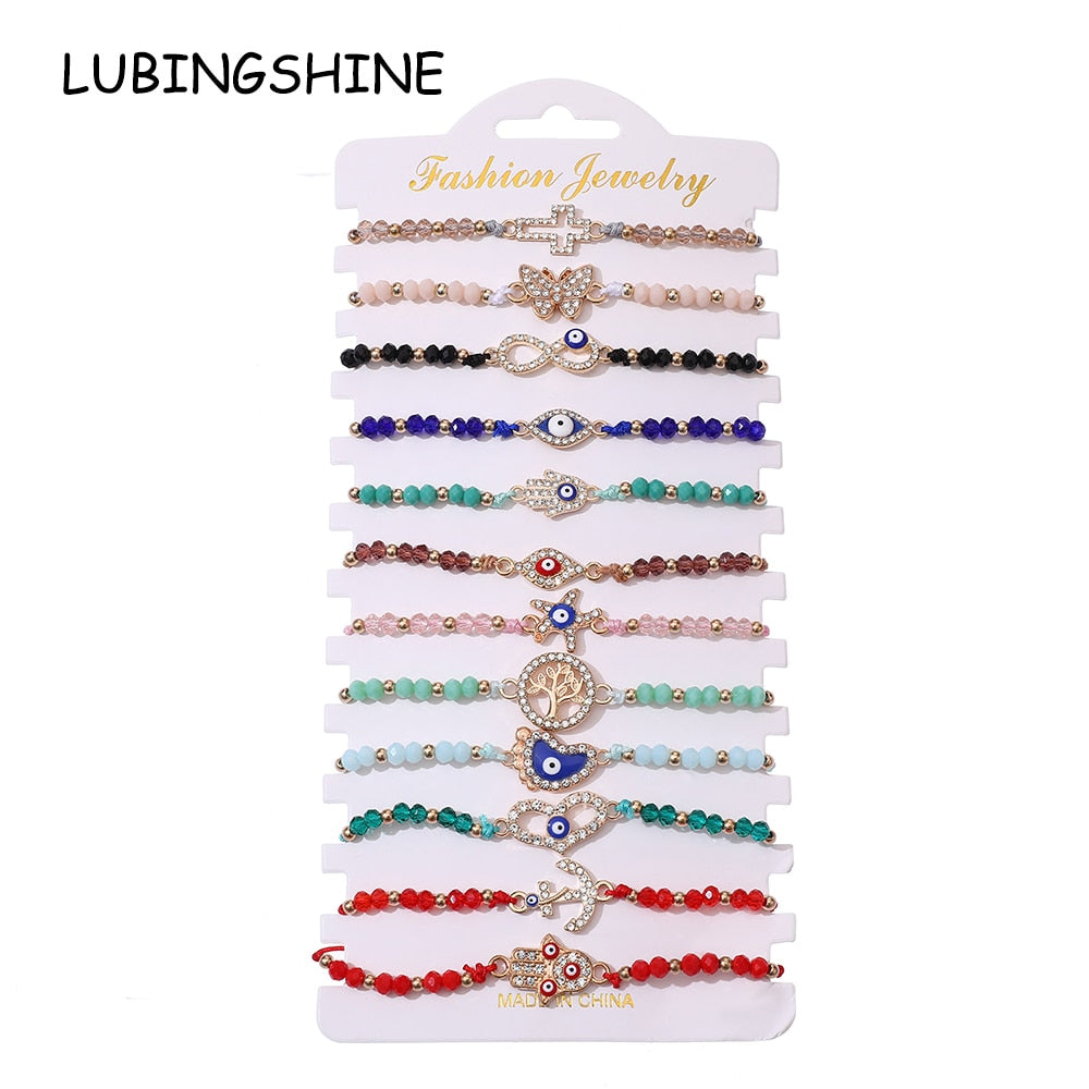 12pcs/lot Cross Knot Charms Knitted Bracelet for Women Adjustable Turkey Blue Evil Eye Crystal Beads Bracelets Anklet Jewelry