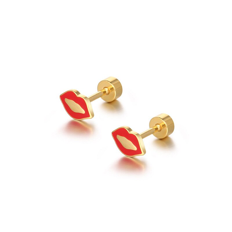 Sexy Stainless Steel Red Lips Stud Earring for Women Men Plated Gold Color Statement Party Engagement Jewelry
