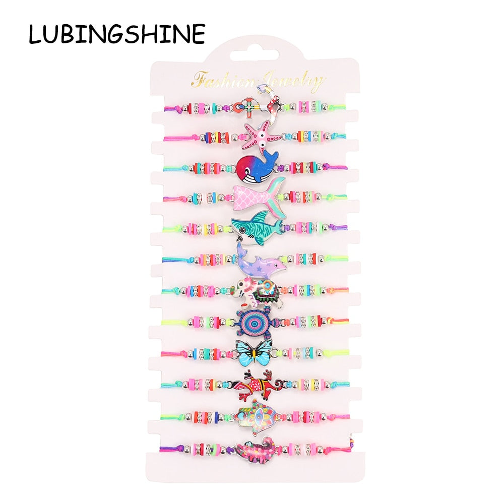12pcs/lot Women Soft Clay Bead Whale Turtle Butterfly Animal Charms Yoga Bracelets Braided Adjustable Rope Chain Anklet Jewelry