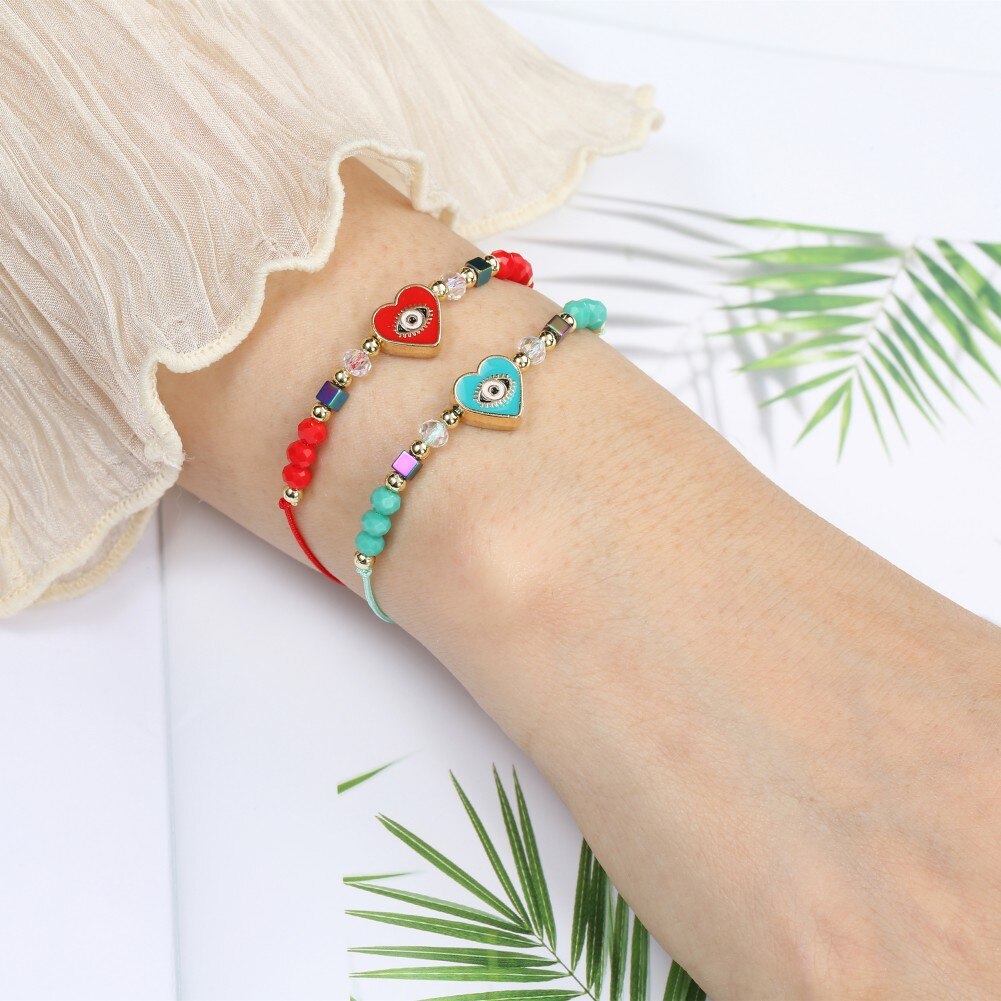 12pcs Love Heart Charms Bracelets for Women Rhinestone Beads Woven Rope Braided Evil Eye Bracelet Bangle Child Fashion Jewelry