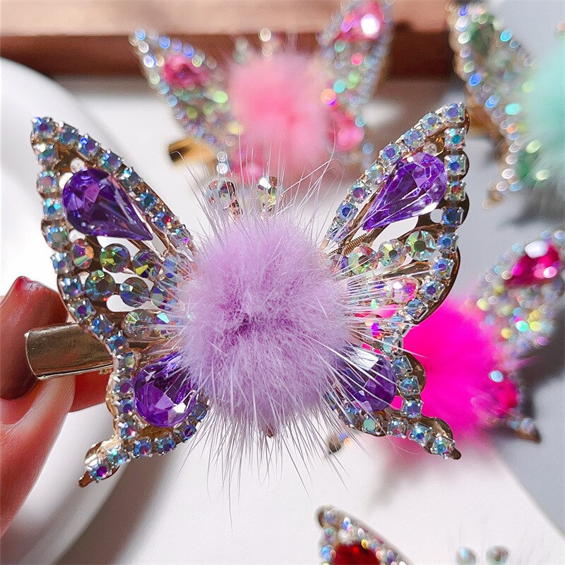 Fashion 3D Butterfly Faux Fur Hair Clips Flying Shiny Rhinestone Hairpin Barrettes for Women GirlsPonytail Holder Hairpins