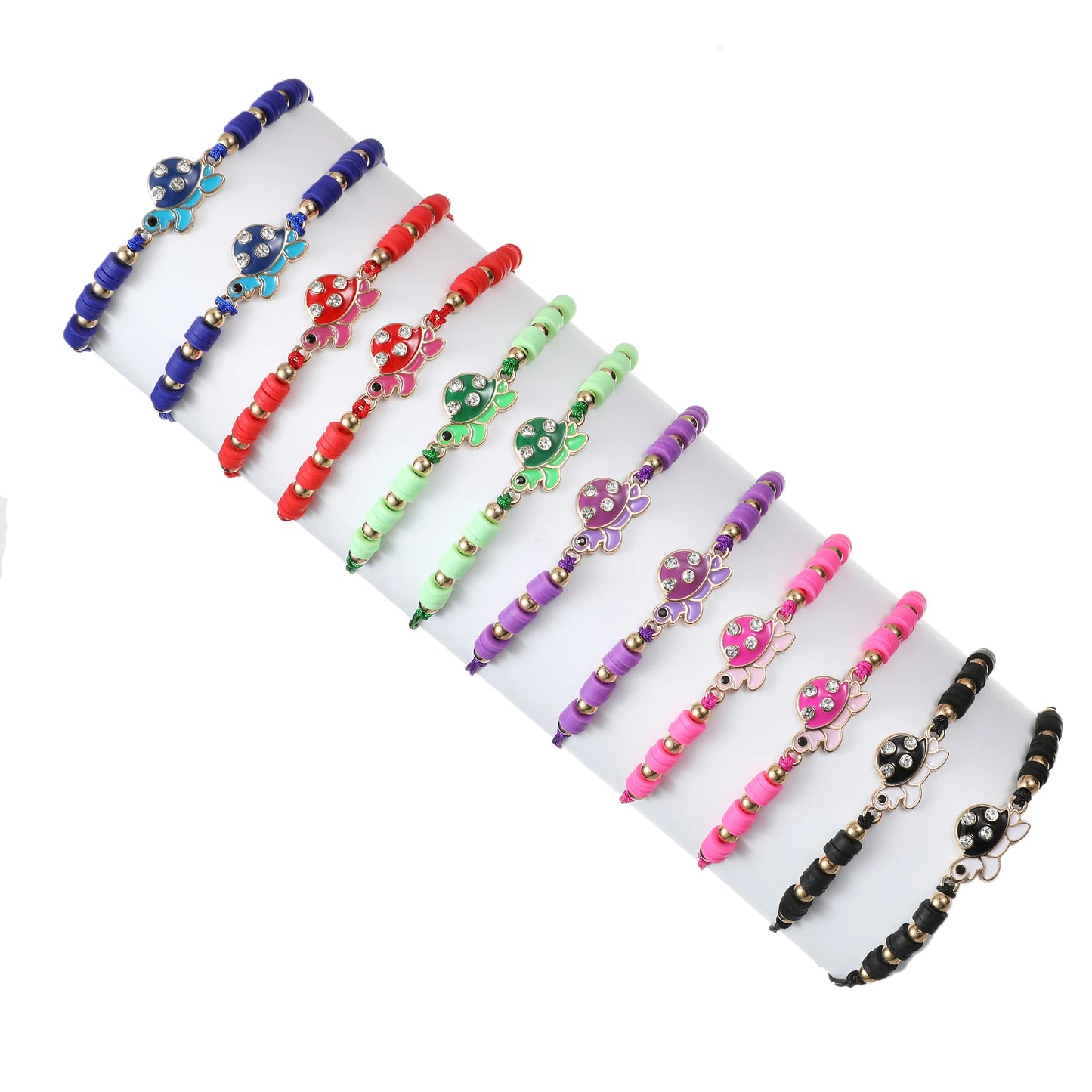 12pc/lot Handmade Woven Rope Chain Turtle Bracelet Colored Polymer Clay Tablets Adjustable Bracelets for Girls Cuff Jewelry