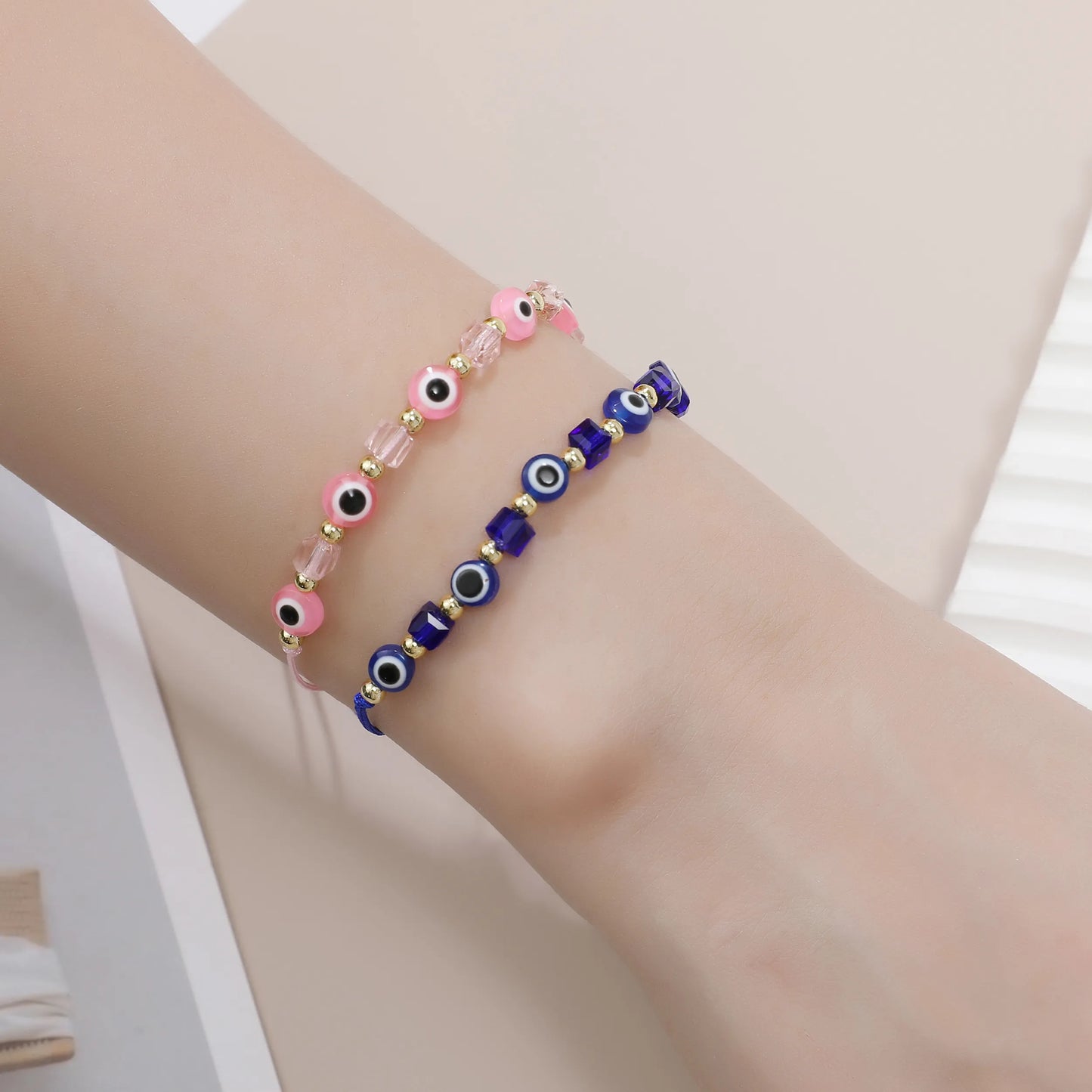 12pcs Colorful Evil Eye Beads Bracelet Handmade Prayer Bangles Adjustable Anklets Wrist Jewelry Gift for Friend Wholesale