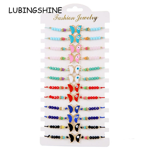 12PCS Colorful Butterfly Pendant Charms Bracelets for Women Girl Child Crystal Beads Braided Rope Bracelet Handmade Jewelry