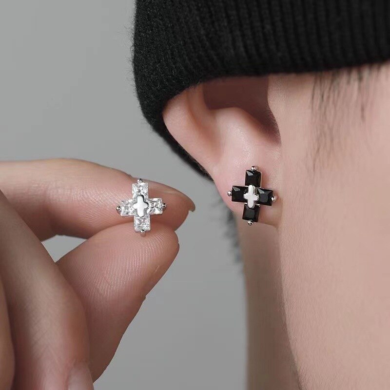 Trendy Cross Rhinestone Earrings Trendy Male Personality Cold Style Single Earrings Simple Boys Black Zircon Earrings Jewelry