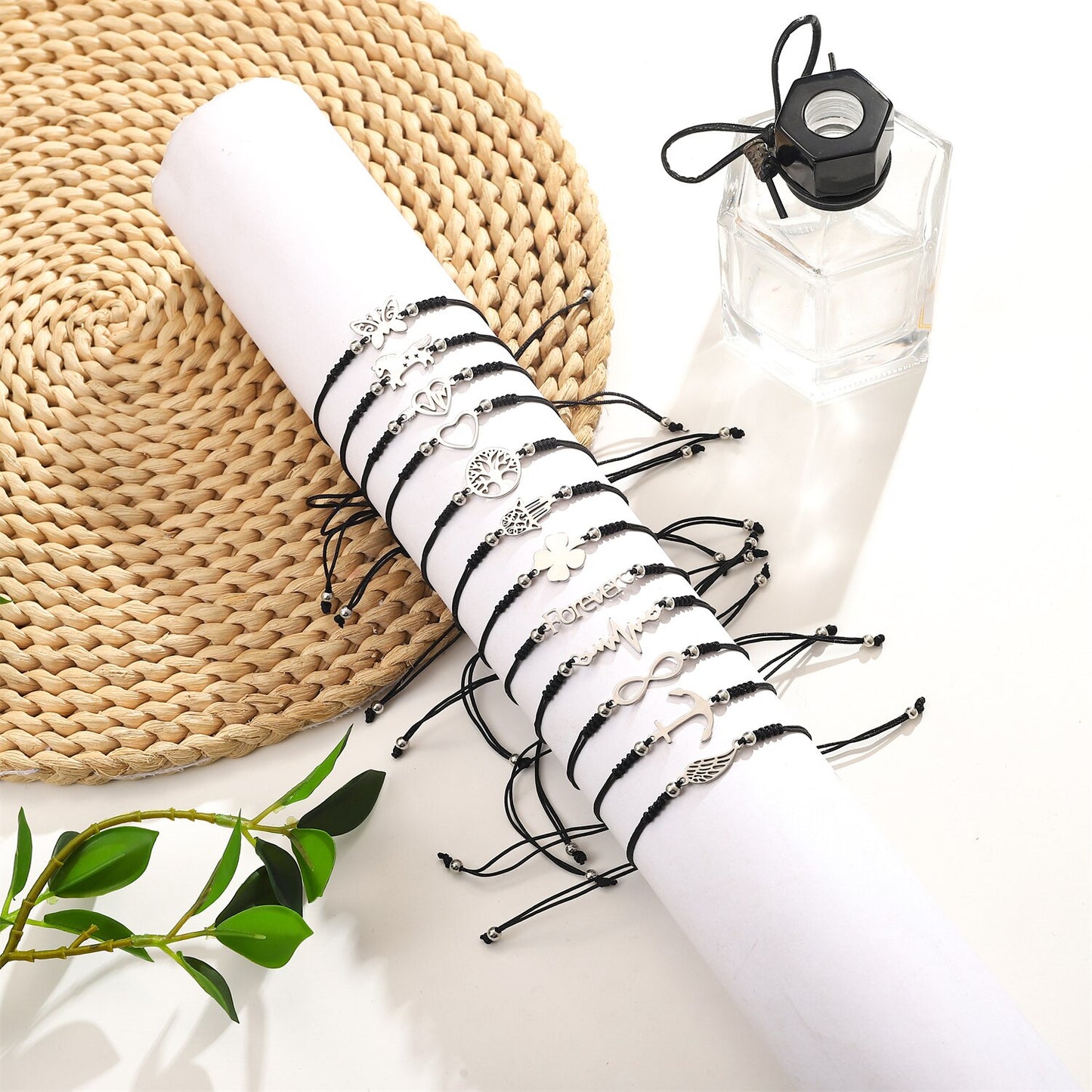 12pcs/lot Star Unicorn Heart Charms Bracelet Set for Woman Braided Adjustable Black Braided Wristband Cuff Jewelry Wholesale