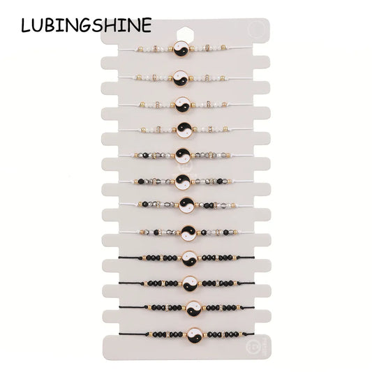 Boho 12pcs Yin and Yang Tai Chi Pendant Braided Adjustable Bracelet Set Adjustable Jewelry Gift for Men and Women