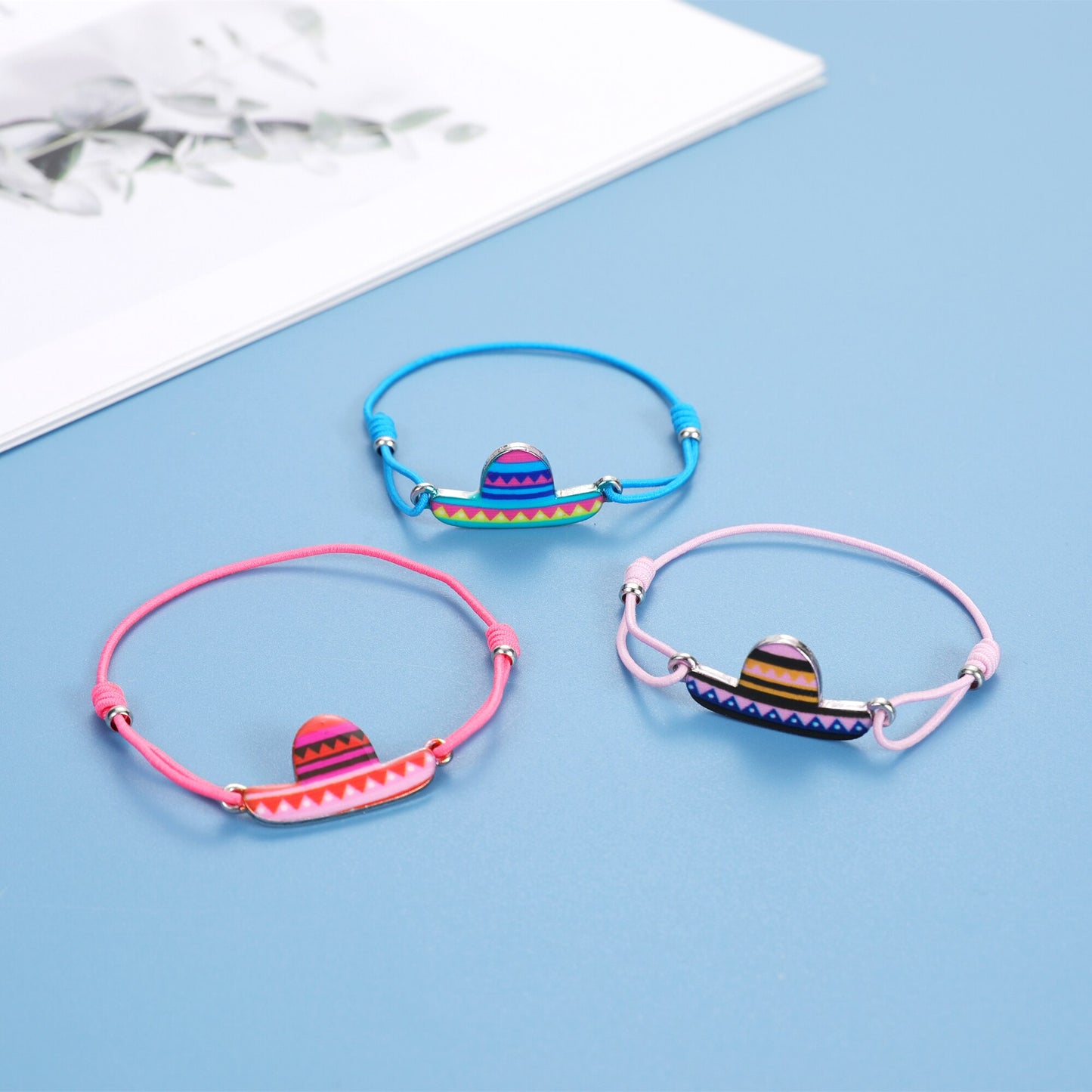 12Pcs Cute Colorful Oil Painting Straw Hat Charm Bracelet for Girl Kids Handmade Bead Braided Chain Friendship BFF Gift