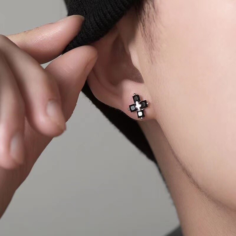 Trendy Cross Rhinestone Earrings Trendy Male Personality Cold Style Single Earrings Simple Boys Black Zircon Earrings Jewelry