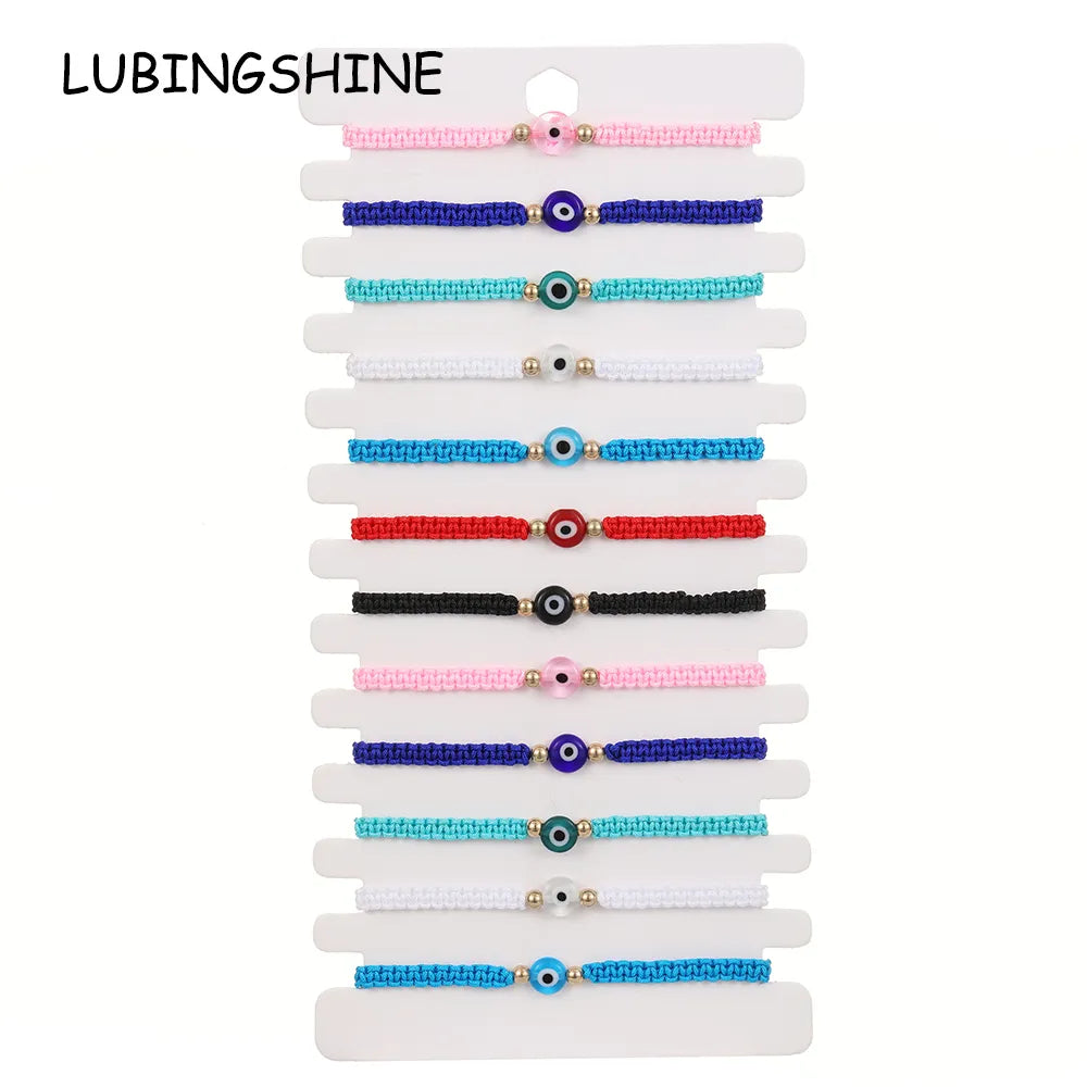 Boho 12pcs Colorful Evil Eye Pendant Bracelet Set for Women Kids Adjustable Hand Woven Rope Chain Amulet Jewelry Gift
