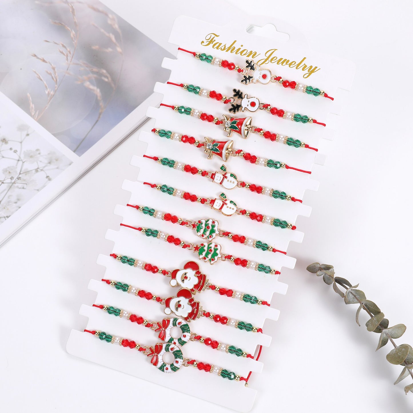 12pcs Festival Christmas Bracelets Imitation Pearl Santa Claus Xmas Tree Pendant Party Jewelry Gifts for Girls Kids Adult