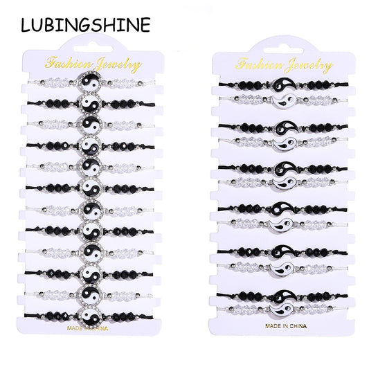 12pcs/Lot Black/white Yin and Yang Tai Chi Pendant Bracelets for Women Crystal Beads Chain Braid Rope Anklet Amulet Jewelry
