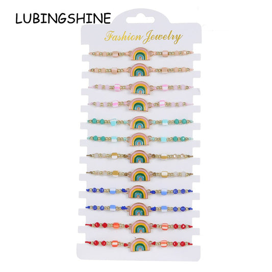 12pcs/lot Colorful Oil Drip Rainbow Pendant Braided Bracelet for Child Girl Adjustable Elastic Rope Chain  Anklet Party Jewelry