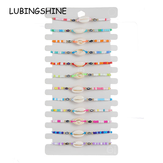 12pcs/Set Crystal Beads Shell Charms Bracelets Adjustable Handmade Woven Rope Chain Bracelet for Women Ethnic Cuff Jewelry