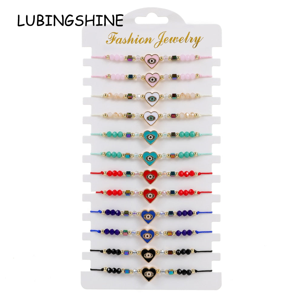 12pcs Love Heart Charms Bracelets for Women Rhinestone Beads Woven Rope Braided Evil Eye Bracelet Bangle Child Fashion Jewelry