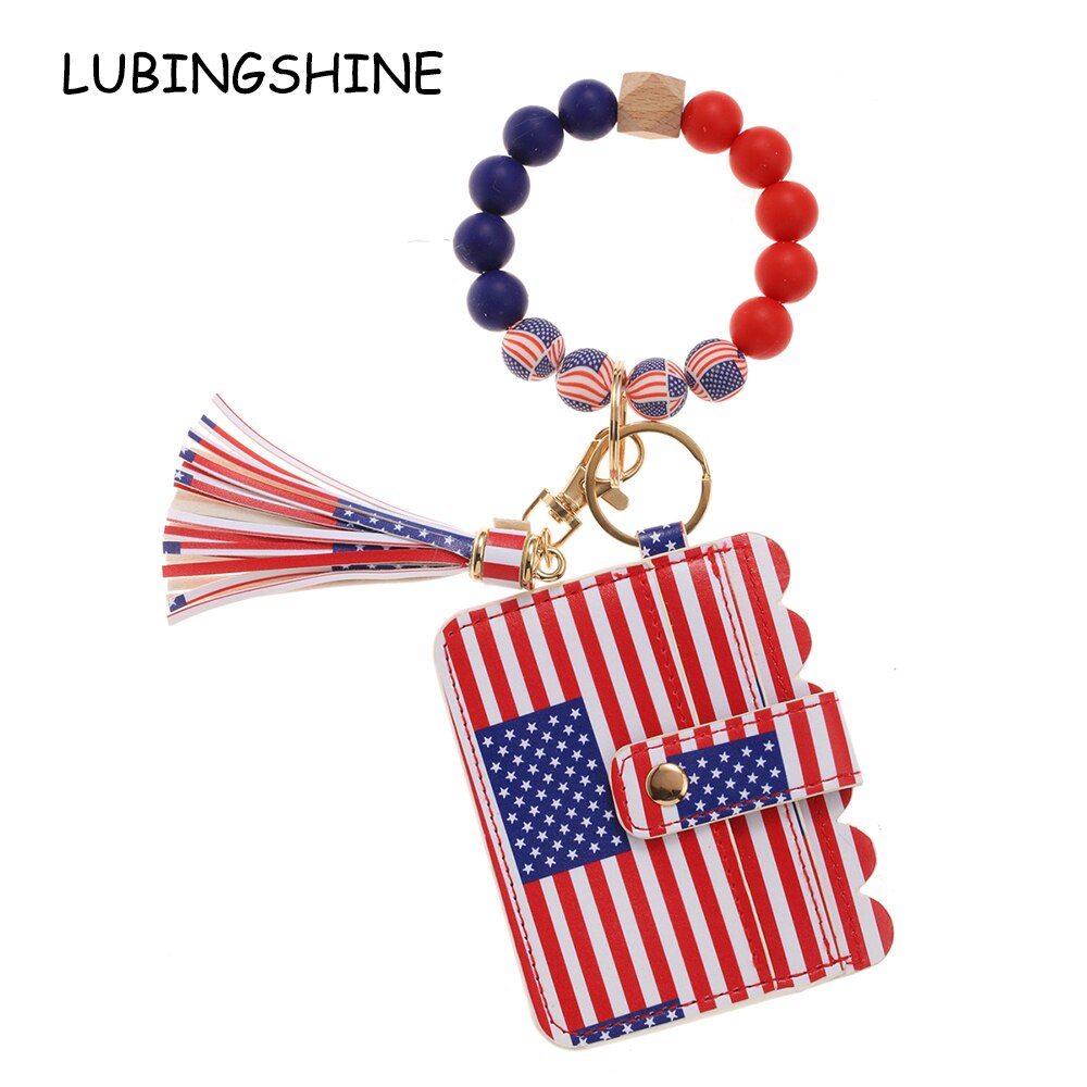 American Flag Wristlet Bracelet Keychain Wallet for Women Credit Card Holder Tassel Keyring Bangle Lipstick Holder