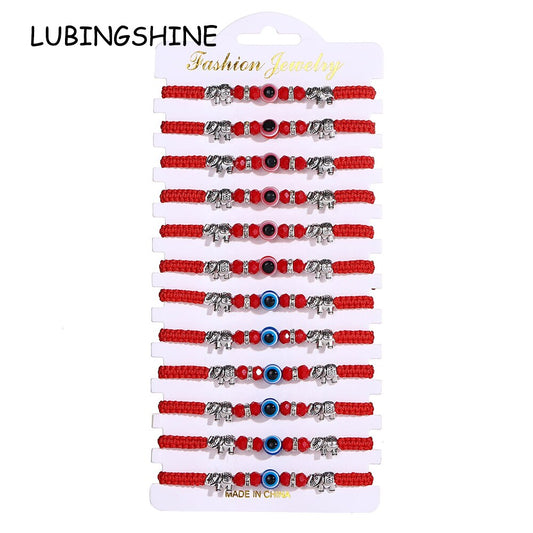 12pcs Handmade Thick Lucky Red Rope Braided Bracelet Evil Eye Bead Elephant Pendant Adjustable Bracelets for Women Men