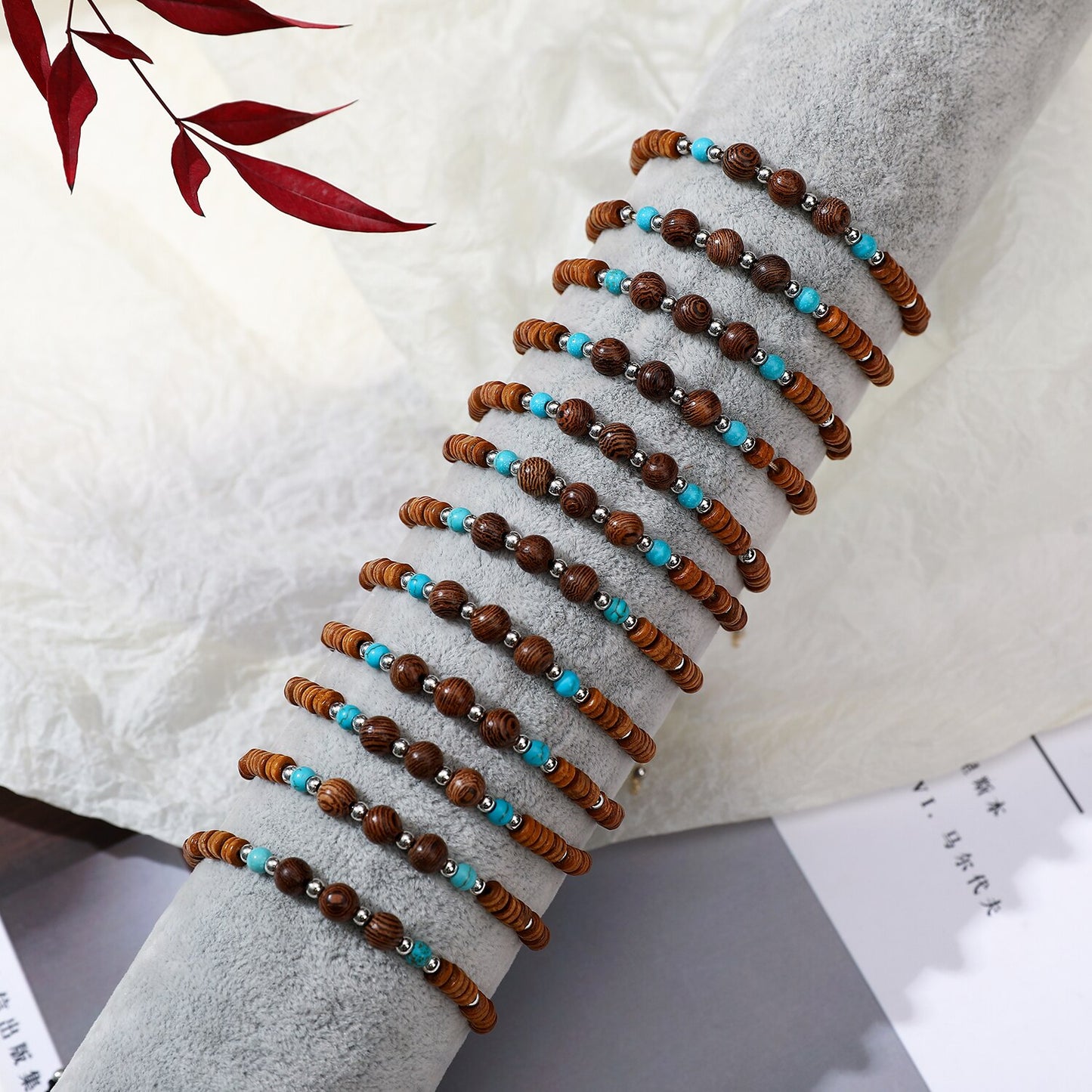 12 Pieces Round Wood Bead Charms Braided Bracelet for Women Child Adjustable Rope Chain Beads Anklet Jewelry Wholesale