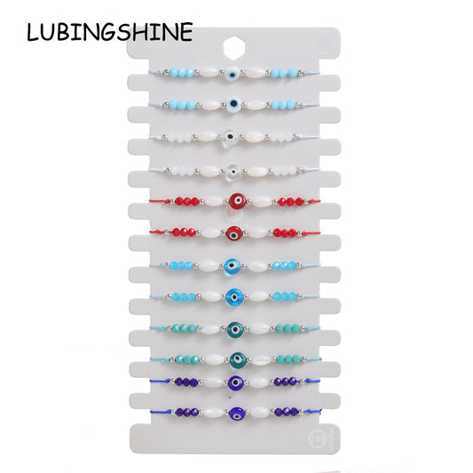 12pcs/lot Crystal Pearl Beads Evil Eye Charms Bracelets for Women Men Adjustable Handwoven Bracelet Anklets Jewelry