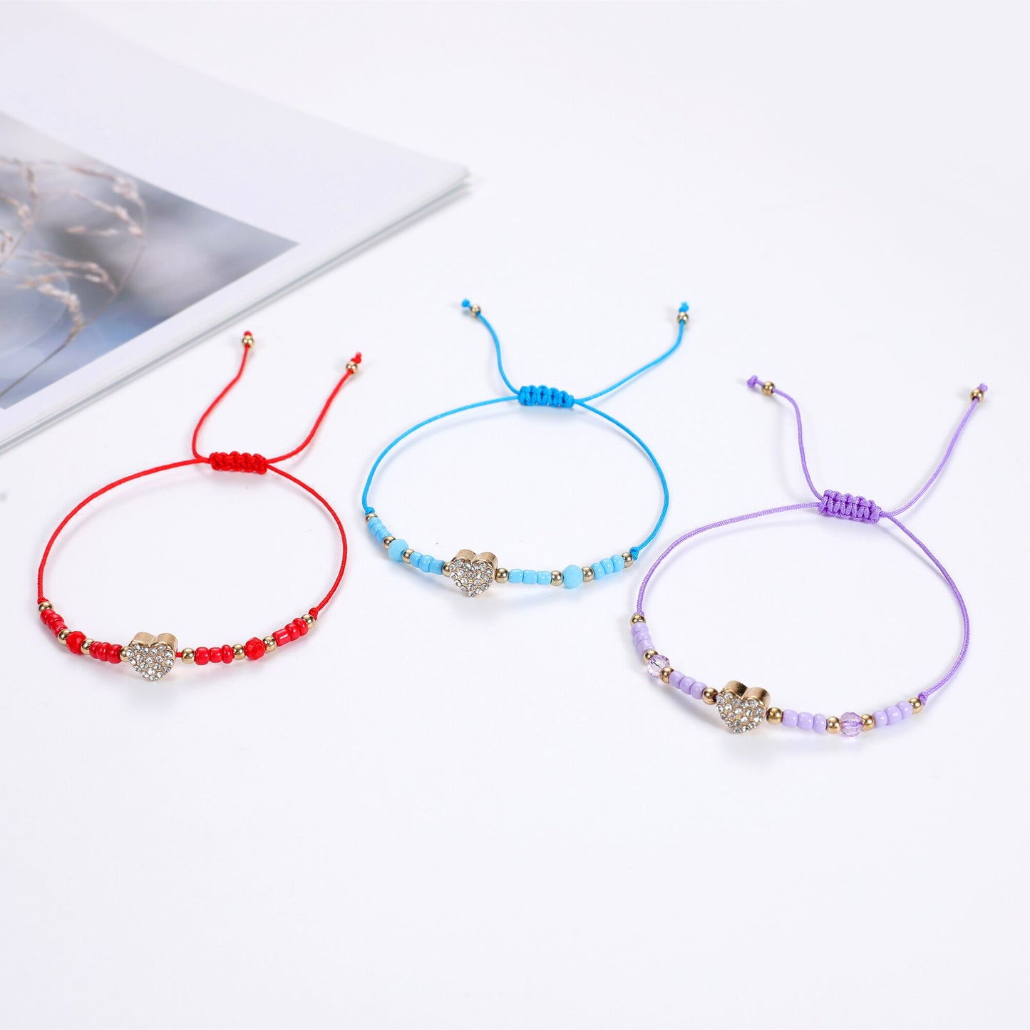 12Pcs/lot Full Rhinestone Heart Braided Bracelets for Women Girl Handmade Thin String Rope Bracelets Anklets Party Jewelry
