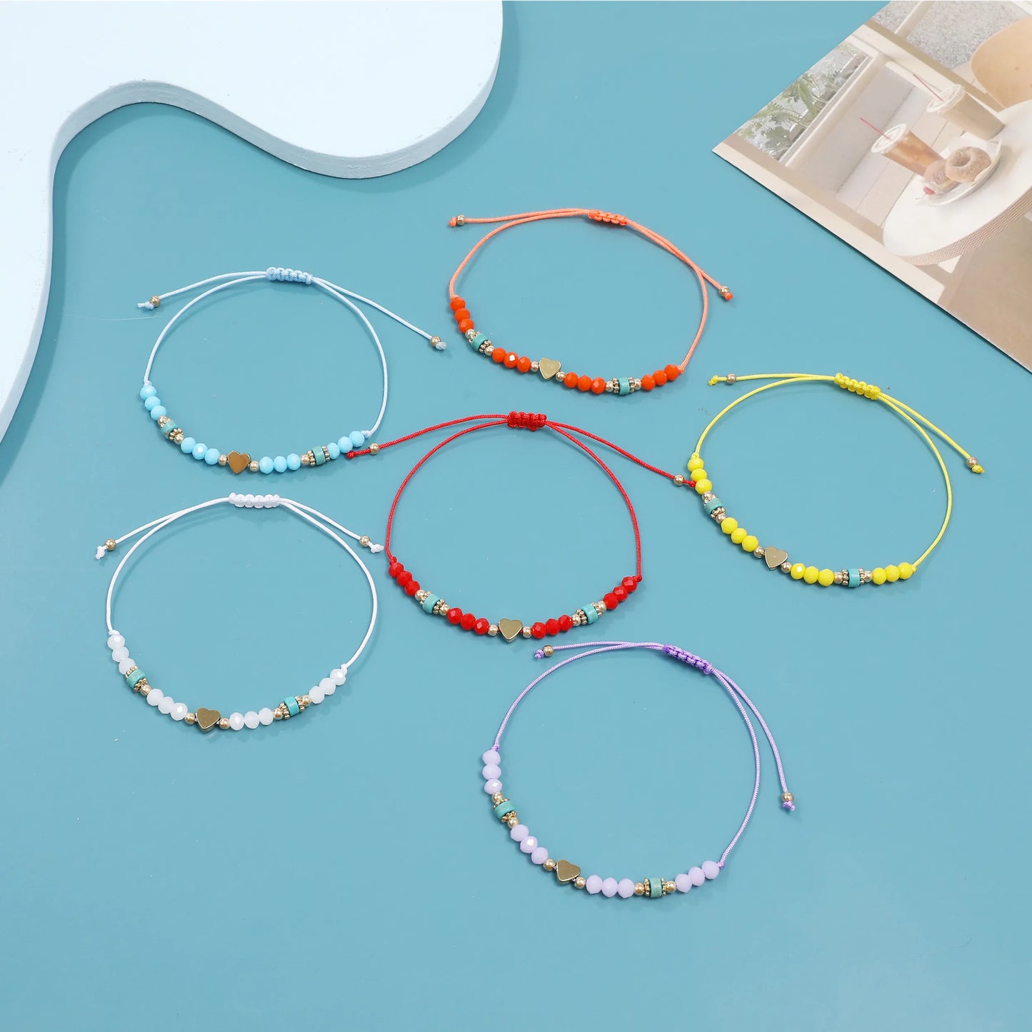 12pcs Colorful Crystal Beaded Braided Heart Bracelet Small Fresh String Beach Yoga Adjustable Women Jewelry Wholesale