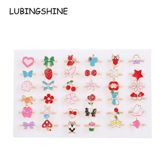 36 PCS/set Adjustable Kids Rings Jewelry Butterfly Rabbit Animal Crystal Open Finger Ring for Children Girls Birthday Party Gift