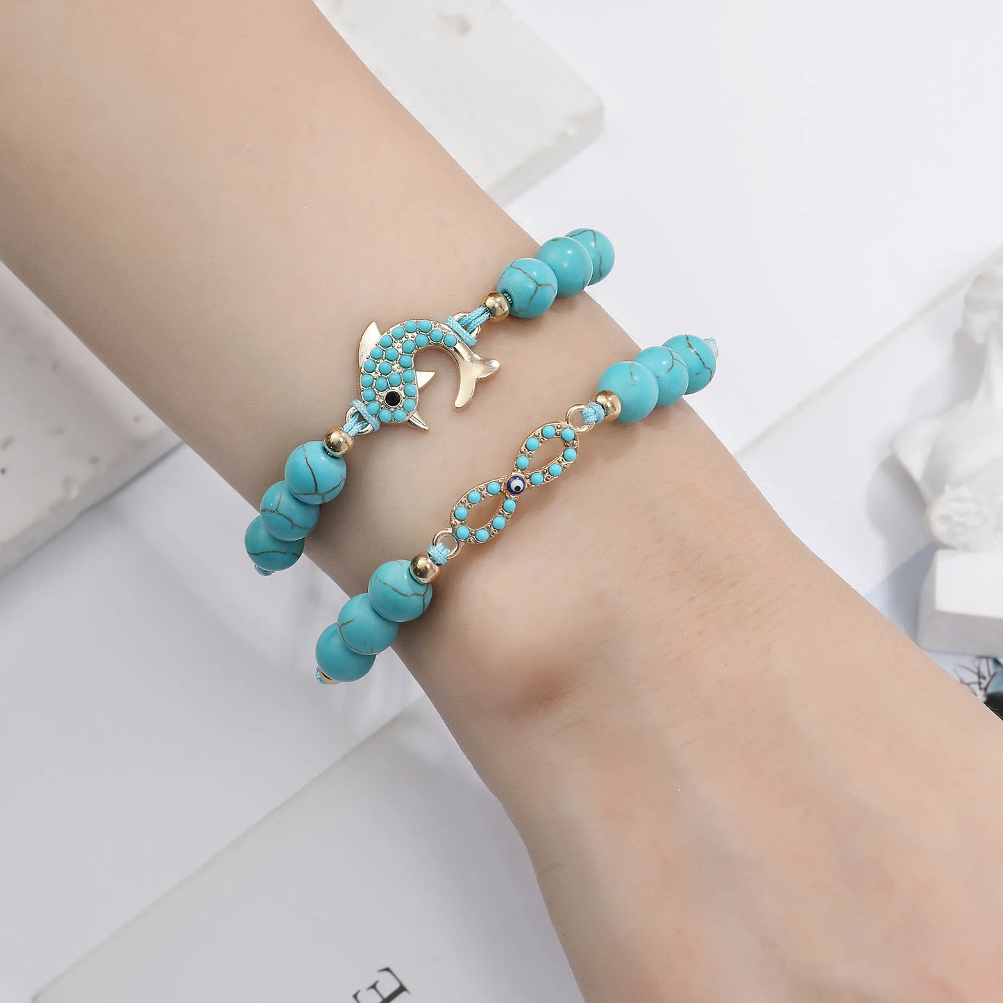 12pcs Tree of Life Fatima Hand Beads Bracelets Turquoises Adjustable Cotton Rope Chain Animal Charm Bracelet for Women Jewelry