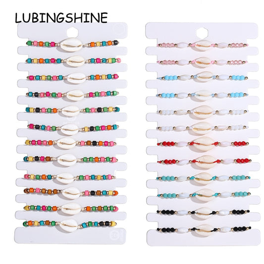 12pcs/lot Boho-color Crystal Shell Beaded Friendship Bracelets Handmade Strand Bracelet Bangles Jewelry for Summer Wholesale