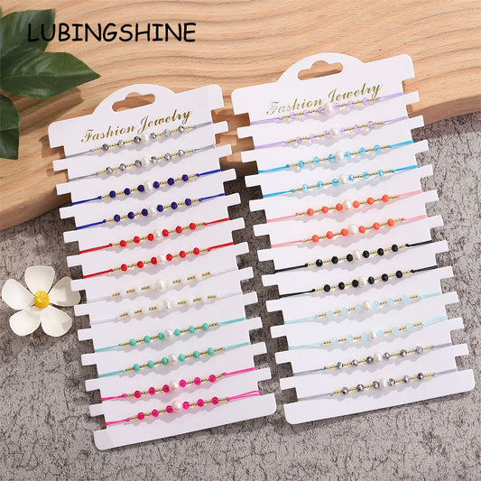 12pcs/Set Pearl Charms Braided Bracelets for Women Crystal Beads Adjustable Rope Chain Anklets Beach Handmade Jewelry