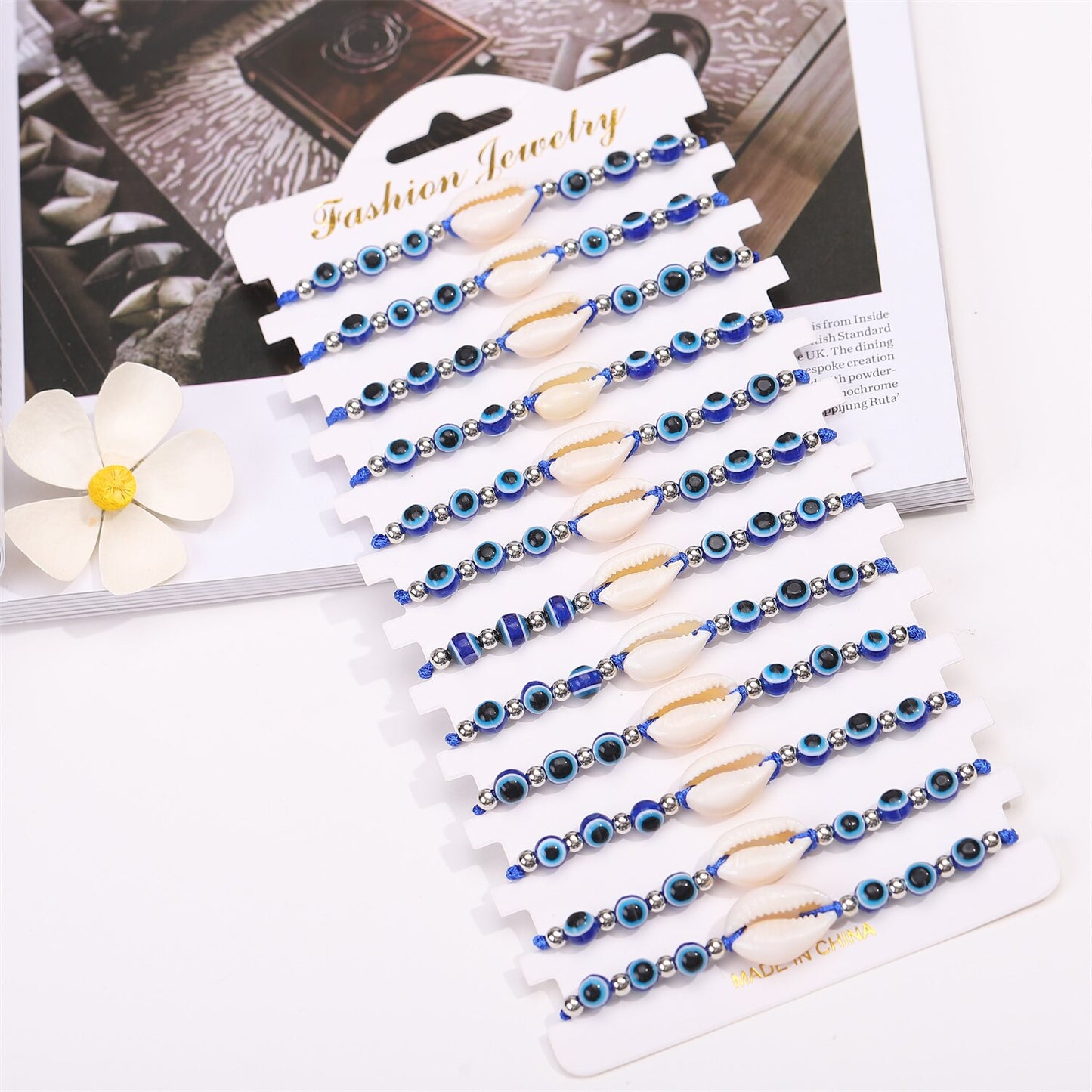 12pc/set Blue Evil Eye Beads Shell Charms Bracelets Men Women Adjustable Ocean Beach Vacation Jewelry Handmade Braided Anklet