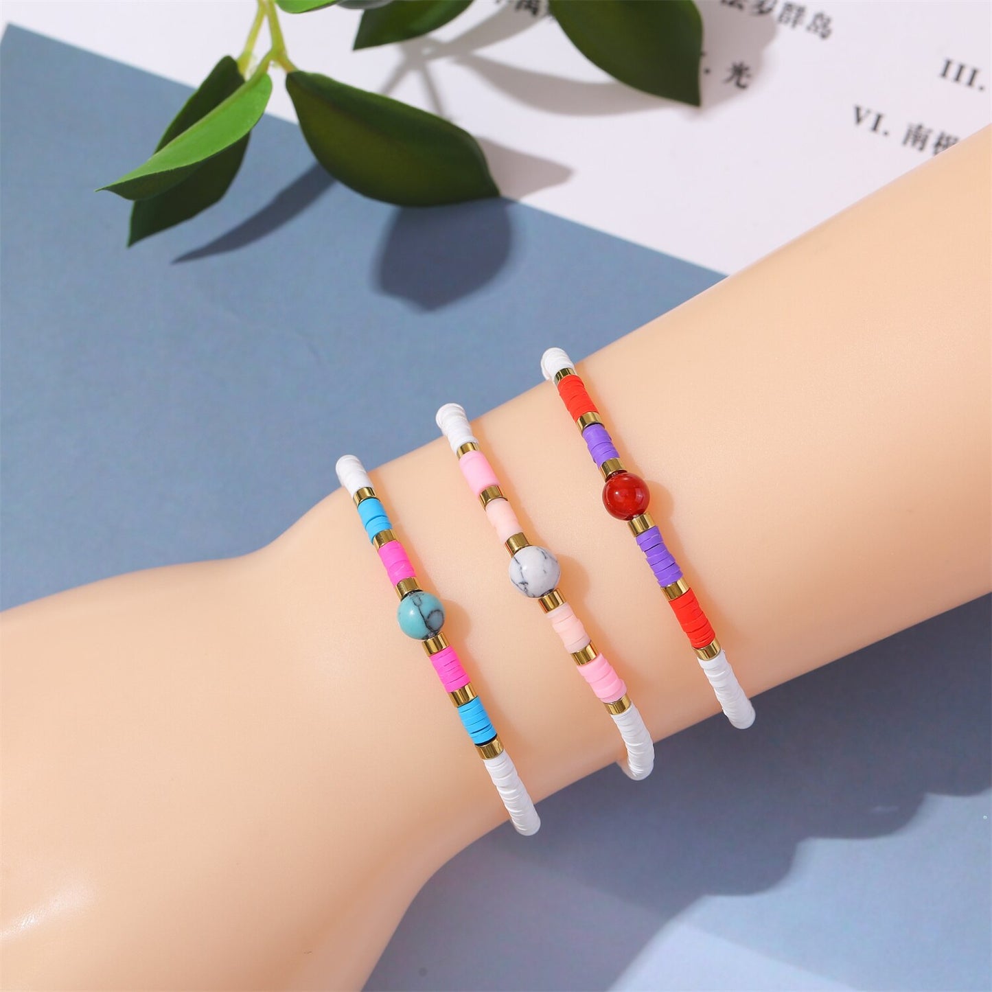 12pcs Surfer Clay Stone Bead Bracelet Polymer Beaded Stackable Stretch Bracelet Bohemia Aesthetic Summer Beach Jewelry for Women
