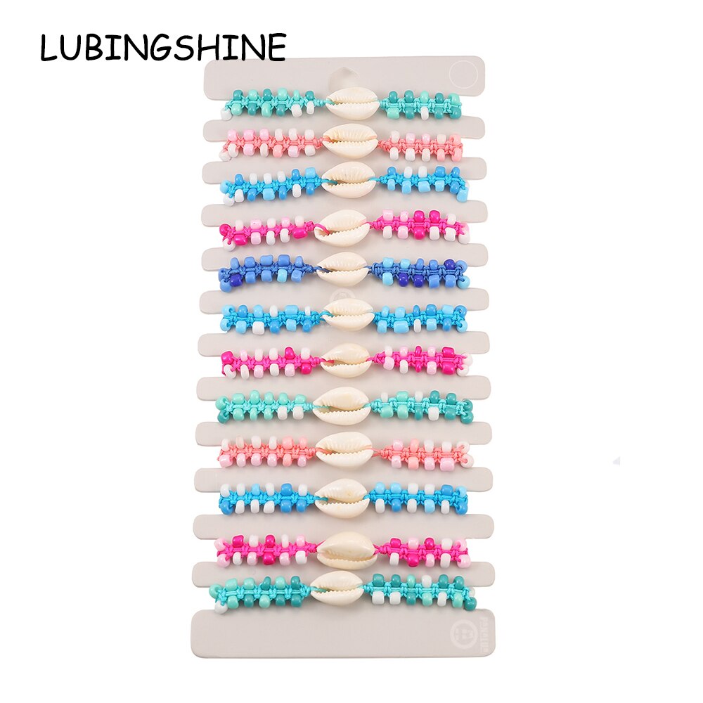 12pcs/lot Colorful Wide Wax Rope Shell Charms Braided Bracelets for Women Adjustable Rope Chain Anklets Beach Handmade Jewelry